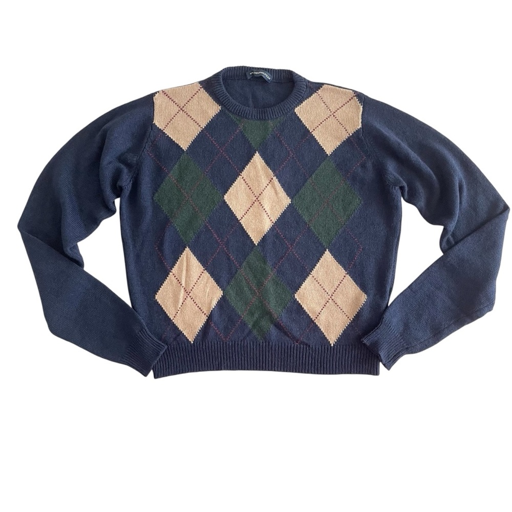 Brandy Melville Navy and Beige Argyle Crewneck Sweater Made in Italy